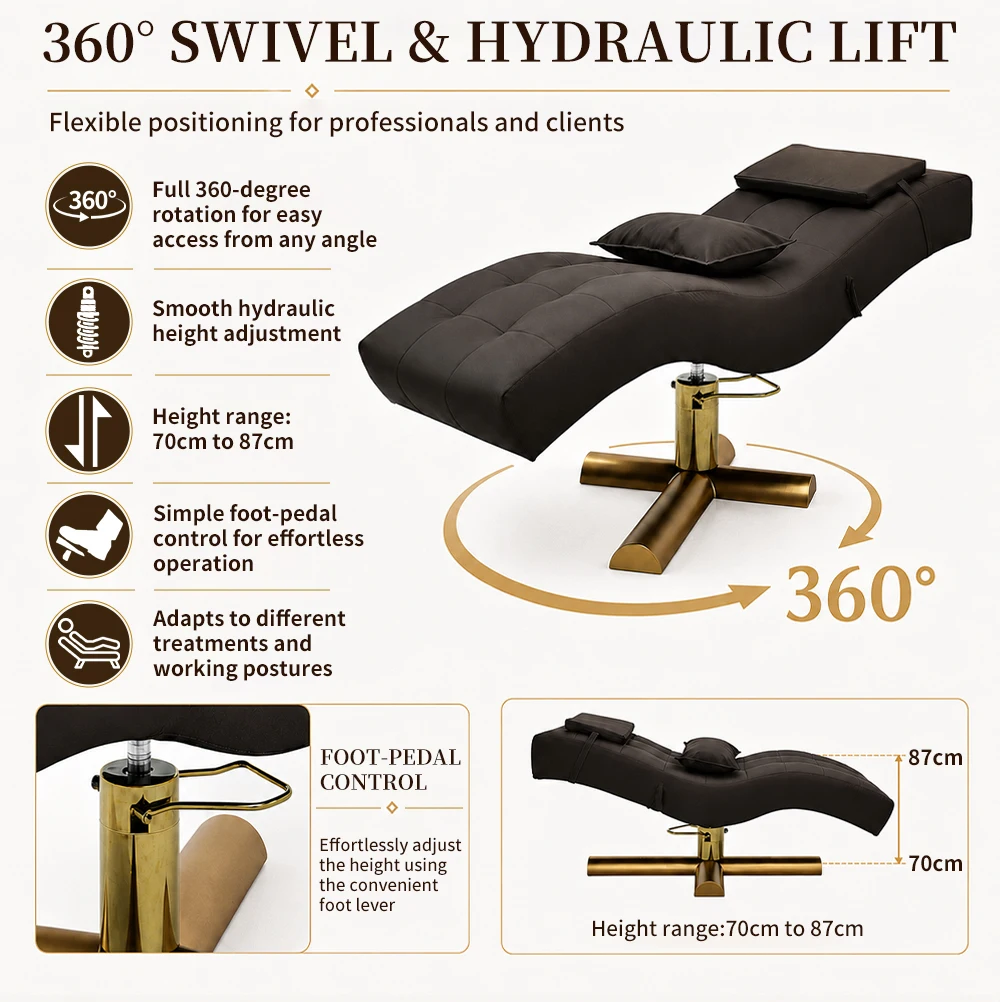 2026 Luxury S-shaped Beauty Lounger Gold Cross Base Adjustable Spa Head Massage Bed Esthetician Salon Furniture Custom Wholesale
