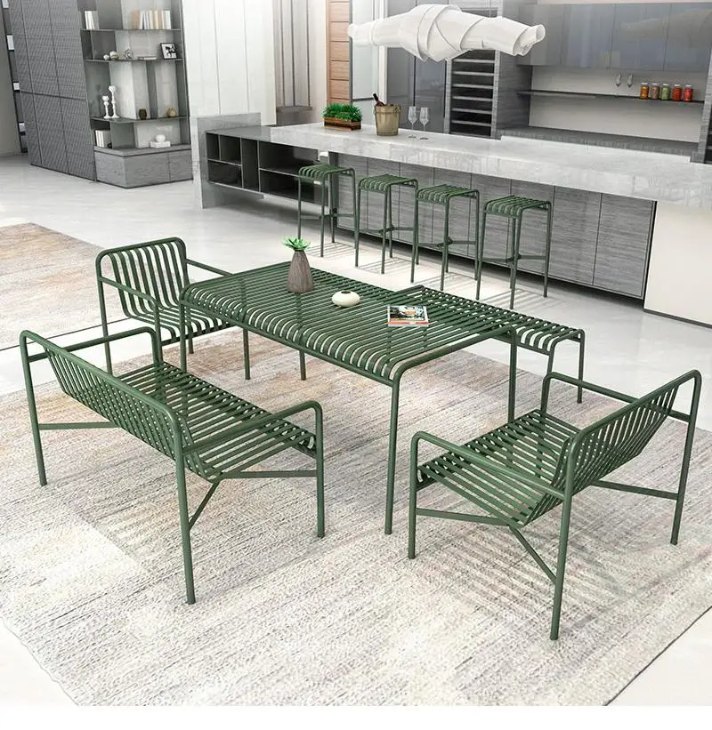 Outdoor Metal Patio Furniture Powder Coated Garden Chair Bench Table Modern Balcony Cafe Resort Furniture Collection