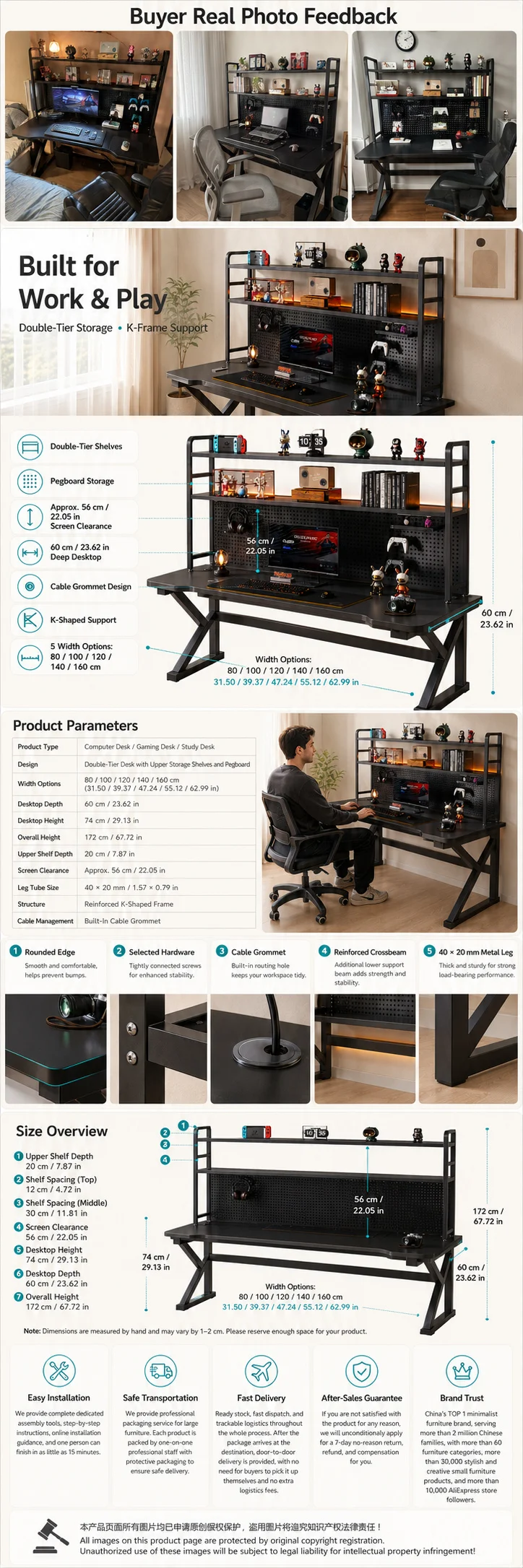 AOLIVIYA 80/100cm E-sports Table Home Desk Bookshelf Student Learning Office Desktop Computer Desk