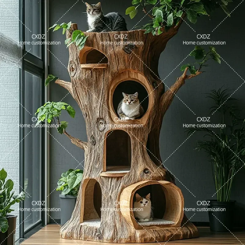 Large Cat Climbing Frame Tree House with Nest Indoor Pet Activity Center Luxury Multi Level Scratching Post Villa for Cats