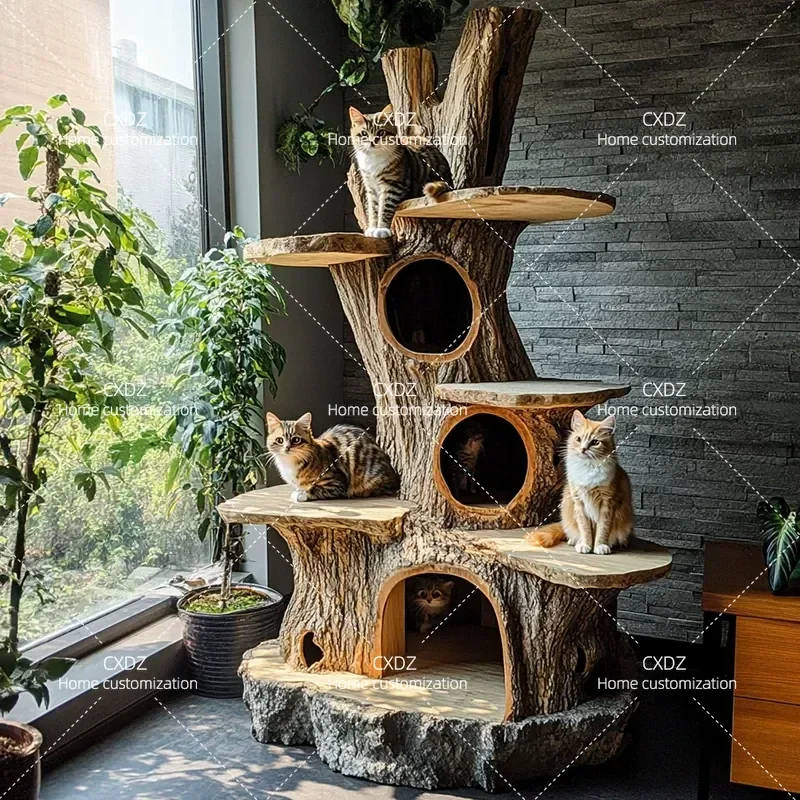 Large Cat Climbing Frame Tree House with Nest Indoor Pet Activity Center Luxury Multi Level Scratching Post Villa for Cats