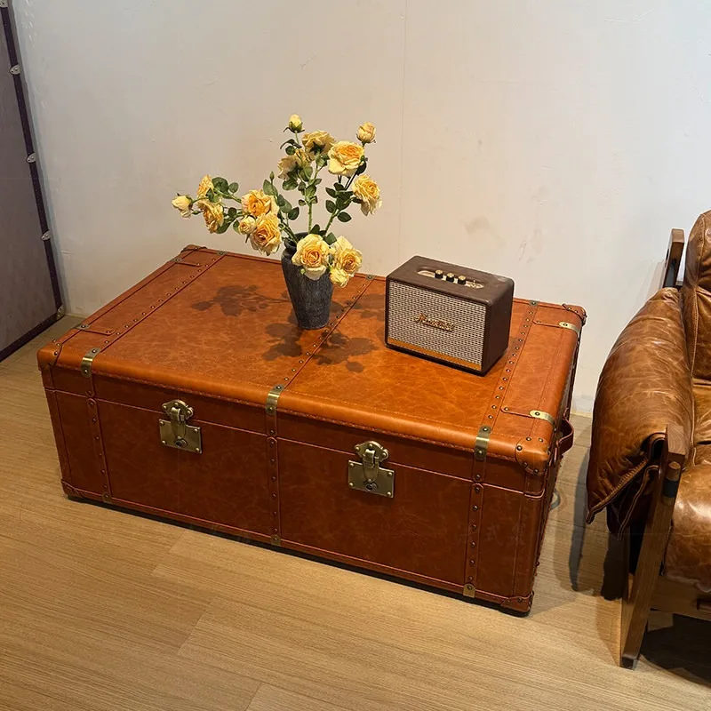 Medieval style living room leather case, coffee table storage box, retro oil wax leather hard box, coffee table rectangular coff