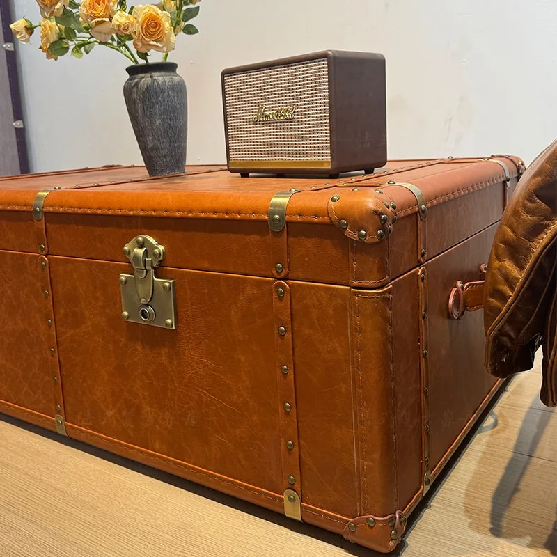 Medieval style living room leather case, coffee table storage box, retro oil wax leather hard box, coffee table rectangular coff