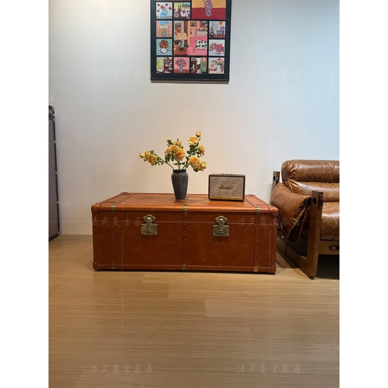 Medieval style living room leather case, coffee table storage box, retro oil wax leather hard box, coffee table rectangular coff