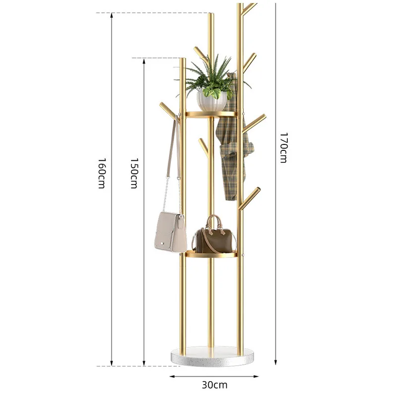 Luxury Metal Freestanding Coat Rack Tree Shape Garment Rack Adjustable Height Coat Stand with Storage Shelves for Hallway Home