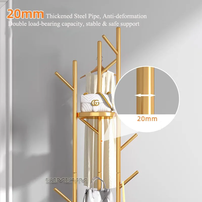 Luxury Metal Freestanding Coat Rack Tree Shape Garment Rack Adjustable Height Coat Stand with Storage Shelves for Hallway Home