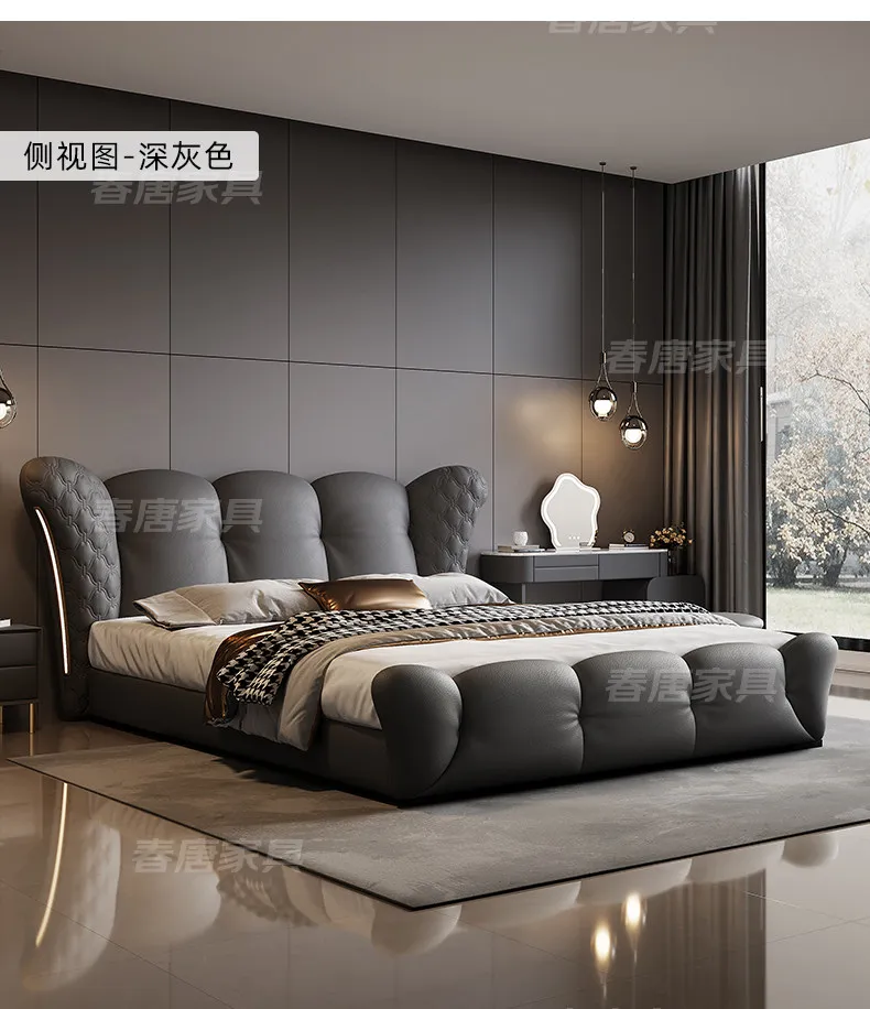 180x200 200x220cm Italian Light Luxury Bedroom Beds And Bed Frames Modern Minimalist Soft Bag Leather Queen Size Double Bed High