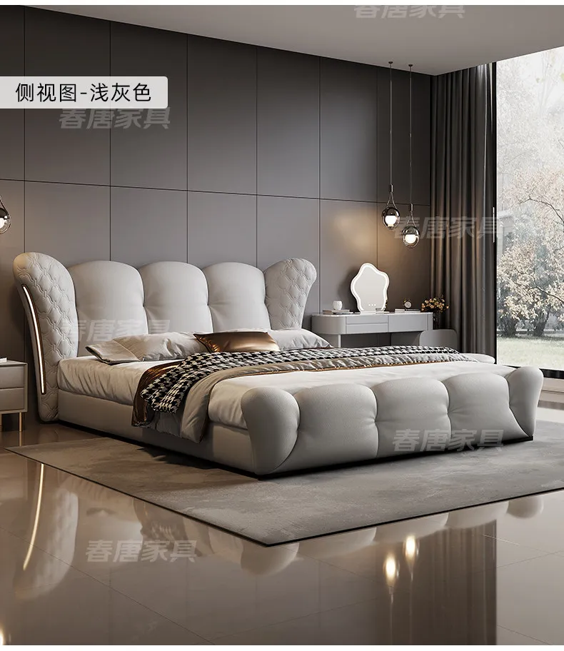180x200 200x220cm Italian Light Luxury Bedroom Beds And Bed Frames Modern Minimalist Soft Bag Leather Queen Size Double Bed High