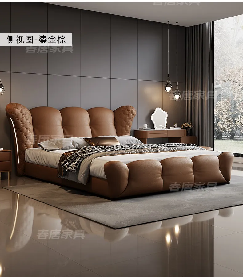 180x200 200x220cm Italian Light Luxury Bedroom Beds And Bed Frames Modern Minimalist Soft Bag Leather Queen Size Double Bed High