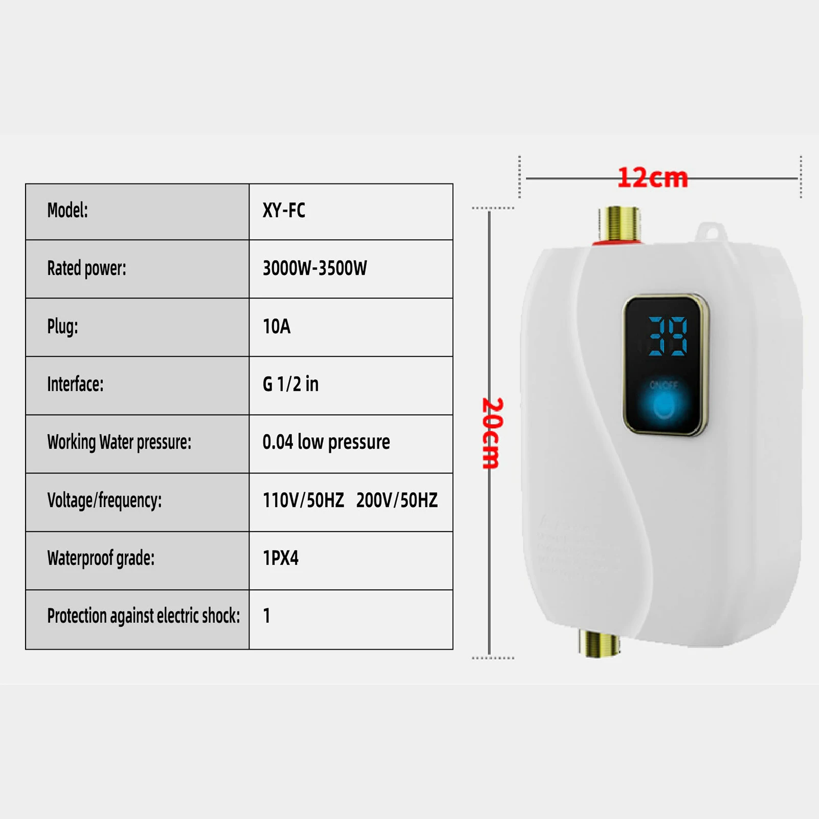 Instant Water Heater 220V 3500W White Mini Electric Tankless Hot Water Heater with LCD Display for Shower Bathroom Kitchen