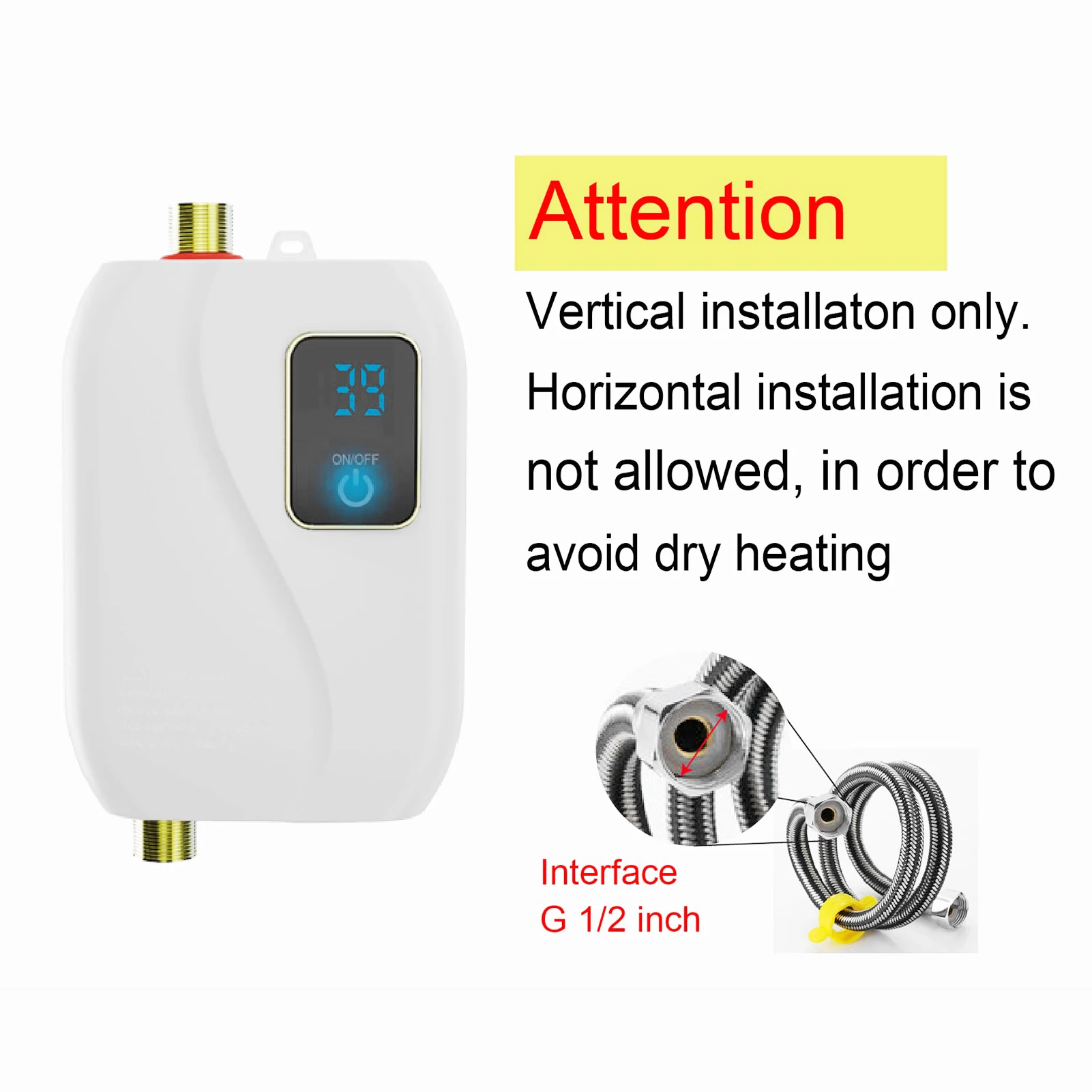 Instant Water Heater 220V 3500W White Mini Electric Tankless Hot Water Heater with LCD Display for Shower Bathroom Kitchen