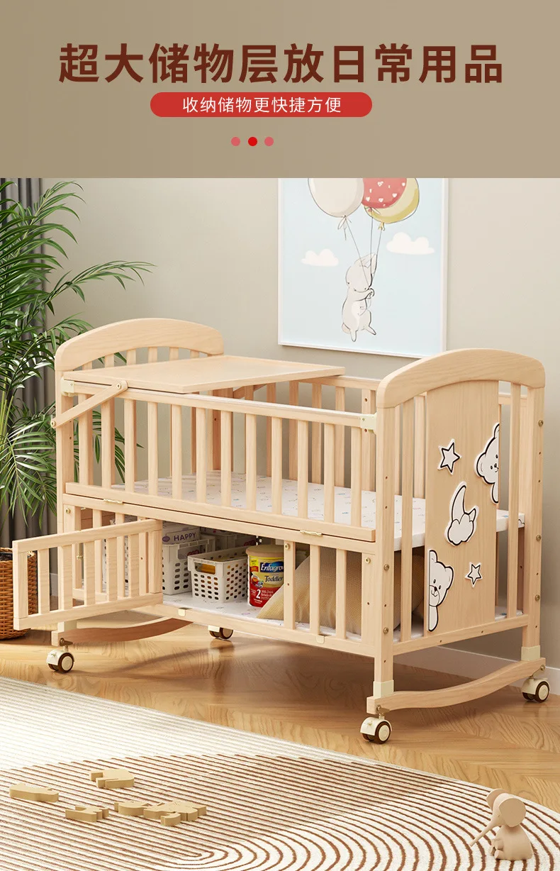 Wood Baby Crib with Diaper Table Newborn Baby Bed Multifunctional Baby Rocking Bed with Wheels and Mosquito Net