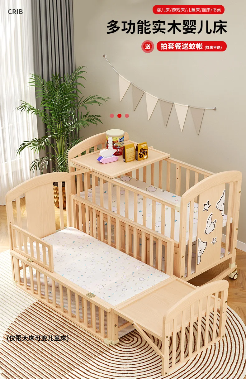 Wood Baby Crib with Diaper Table Newborn Baby Bed Multifunctional Baby Rocking Bed with Wheels and Mosquito Net