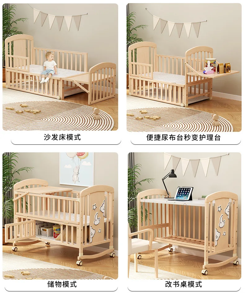 Wood Baby Crib with Diaper Table Newborn Baby Bed Multifunctional Baby Rocking Bed with Wheels and Mosquito Net