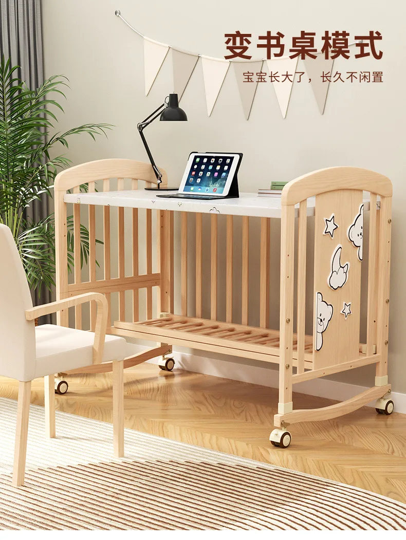 Wood Baby Crib with Diaper Table Newborn Baby Bed Multifunctional Baby Rocking Bed with Wheels and Mosquito Net
