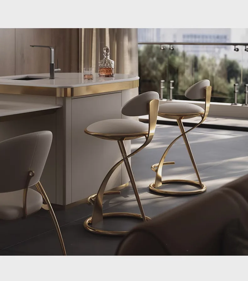 Hot HOT Light Luxury Italian Style Bar Counter High Stool Home Modern Bar High-end Hotel Metal Leather Art Backrest Single Chair