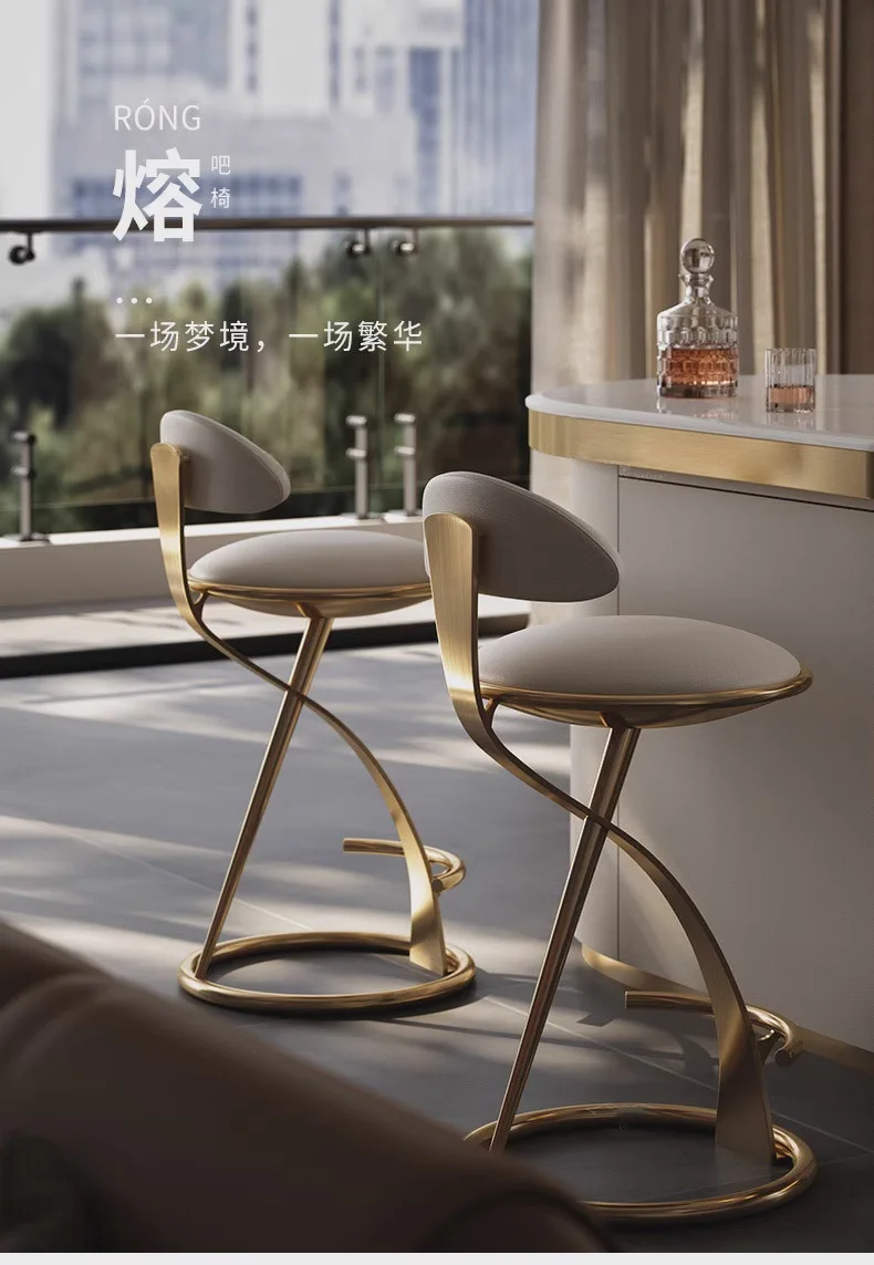 Hot HOT Light Luxury Italian Style Bar Counter High Stool Home Modern Bar High-end Hotel Metal Leather Art Backrest Single Chair