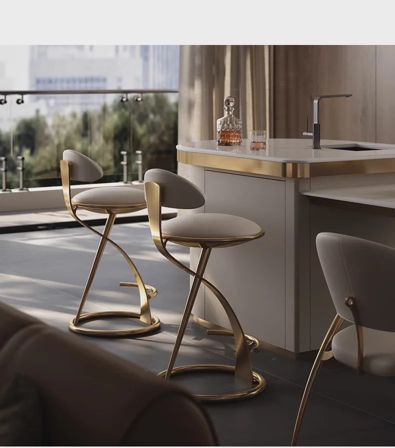 Hot HOT Light Luxury Italian Style Bar Counter High Stool Home Modern Bar High-end Hotel Metal Leather Art Backrest Single Chair