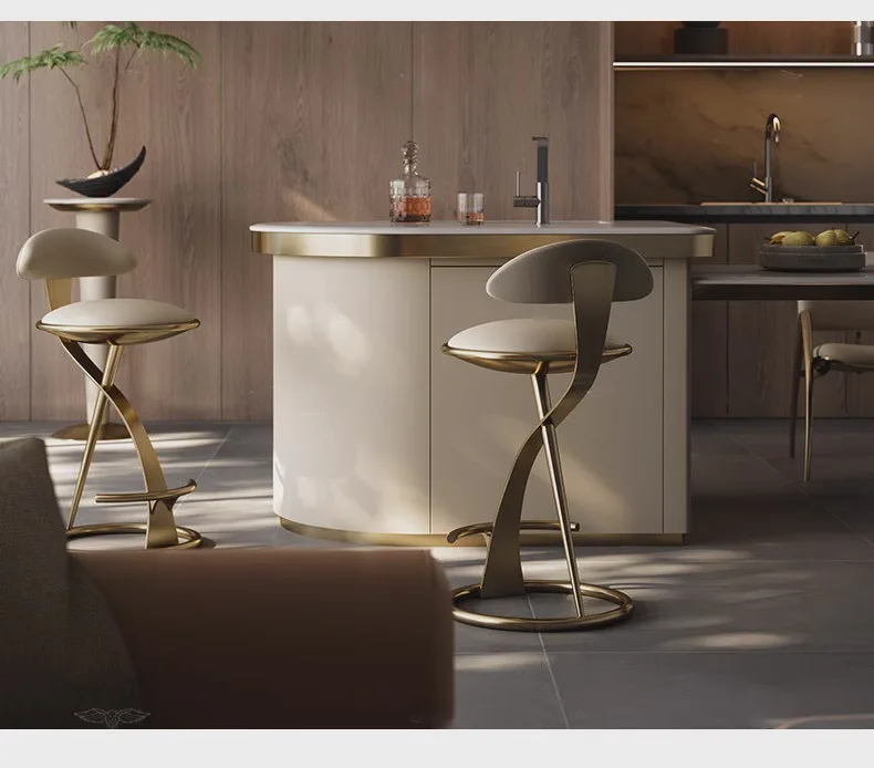 Hot HOT Light Luxury Italian Style Bar Counter High Stool Home Modern Bar High-end Hotel Metal Leather Art Backrest Single Chair