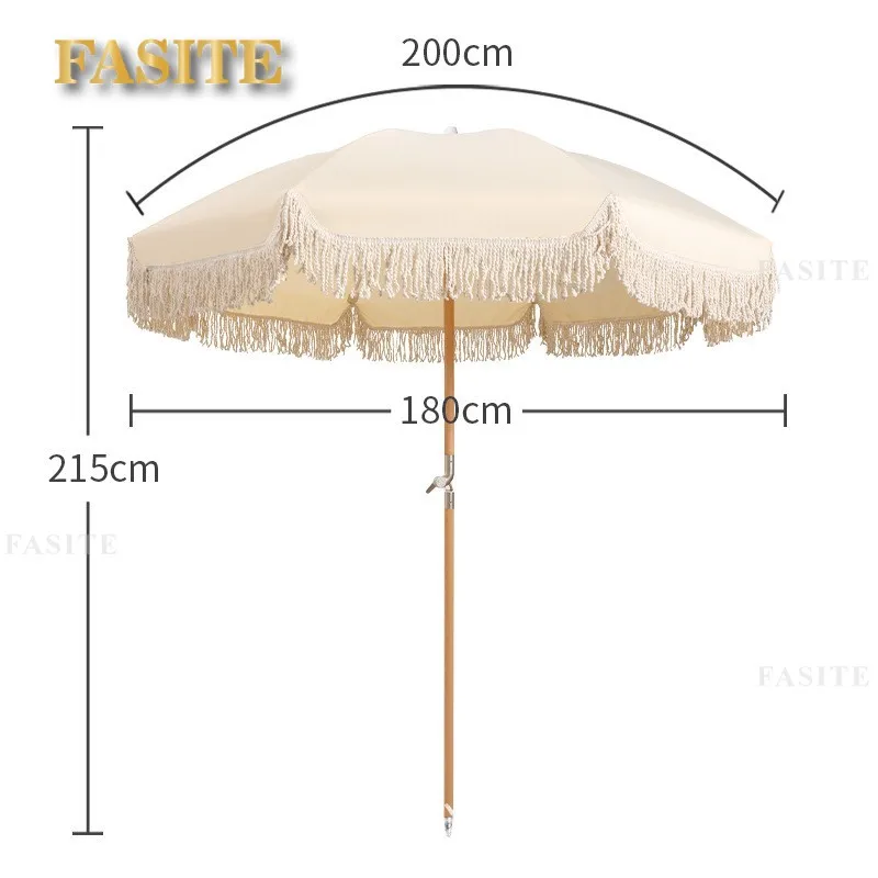Beach Umbrella with Fringe UPF 50+ Wood Pole Foldable Umbrella for Holiday Garden Lawn Pool Yard Table