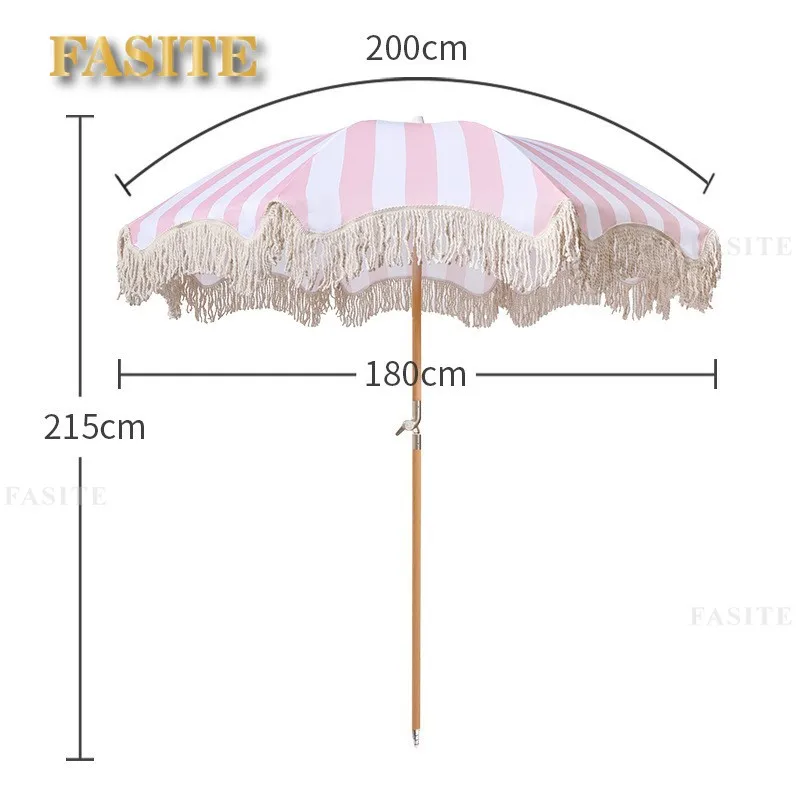 Beach Umbrella with Fringe UPF 50+ Wood Pole Foldable Umbrella for Holiday Garden Lawn Pool Yard Table