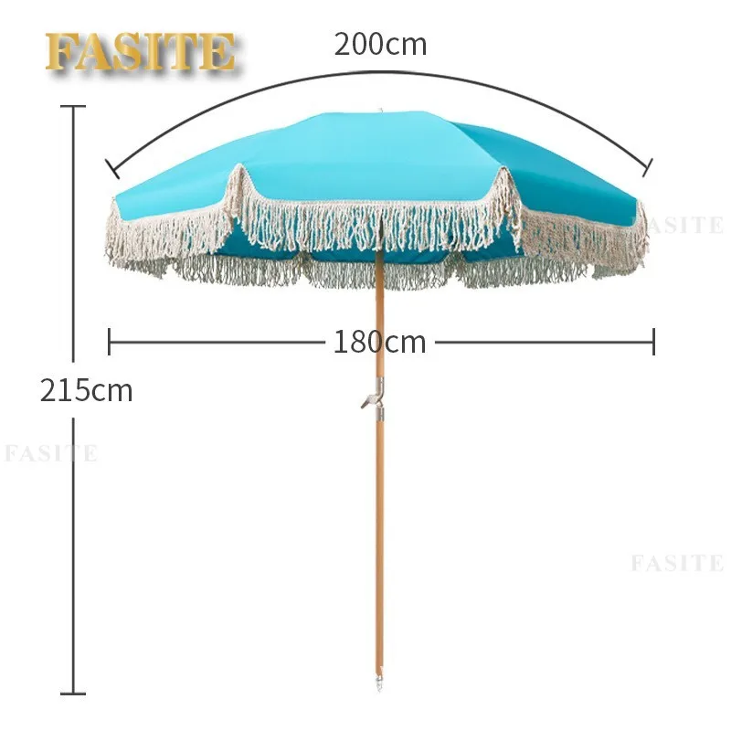 Beach Umbrella with Fringe UPF 50+ Wood Pole Foldable Umbrella for Holiday Garden Lawn Pool Yard Table