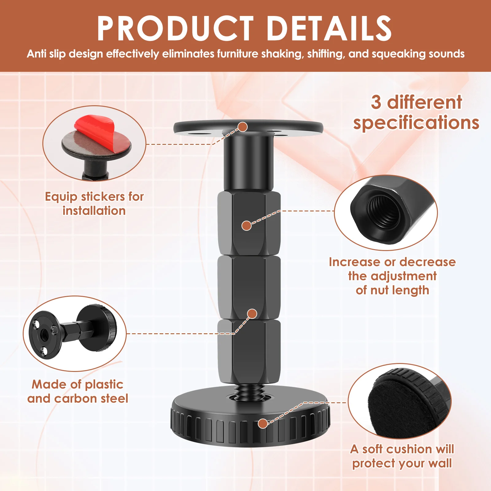 12 Pcs Bed Frame Anti Shake Tool Adjustable Threaded Headboard Stopper Bedside Cabinet Sofa Funiture Stabilizer Fixator