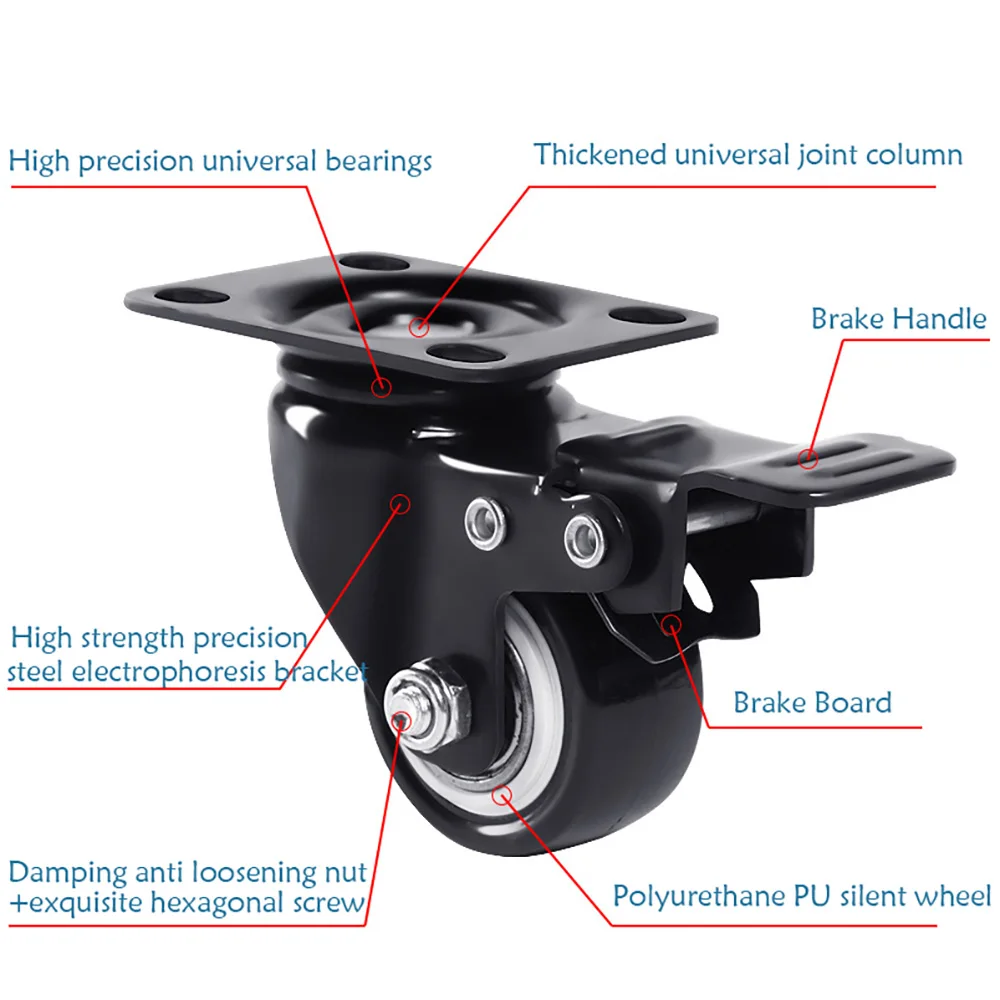 1.5-5 Inch Polyurethane Swivel Caster M6/M8-M12 Screw For Furniture Wheel Caster Wheels 360° Caster Wheel Industrial With Brake