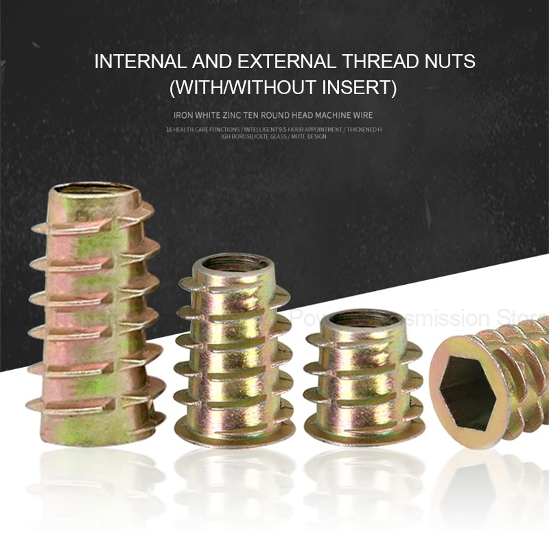 10-100Pcs M4 M5 M6 M8 M10 Zinc Alloy Thread for Wood Insert Nut Flanged Hex Drive Head Furniture Nuts Selection Length 6-30mm