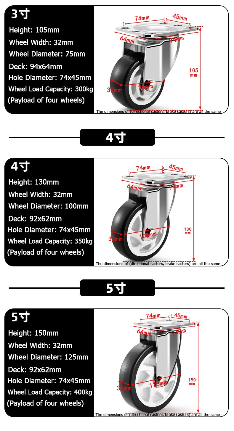 304 Stainless Steel Swivel Casters Silent Wheels 1.5/2/3/4/5 Inch Load-Bearing Hand Truck Small Wheels Pulley Flatbed Cart