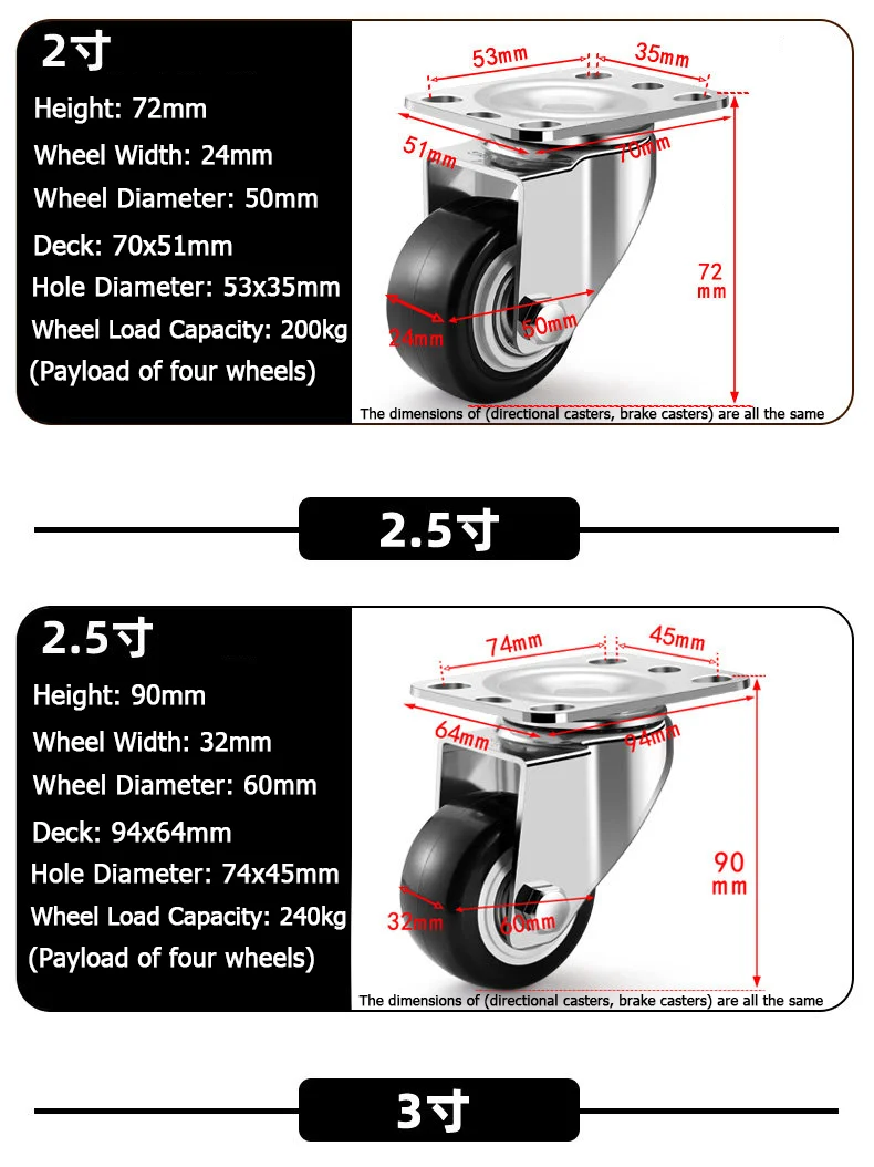 304 Stainless Steel Swivel Casters Silent Wheels 1.5/2/3/4/5 Inch Load-Bearing Hand Truck Small Wheels Pulley Flatbed Cart