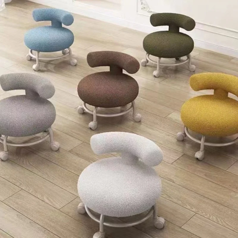 Lambskin Low Chair Household Round Stool Movable Shoe-changing Stool with Backrest and Wheels Small Pulley Low Stool Pratical