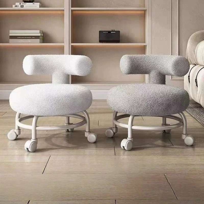 Lambskin Low Chair Household Round Stool Movable Shoe-changing Stool with Backrest and Wheels Small Pulley Low Stool Pratical