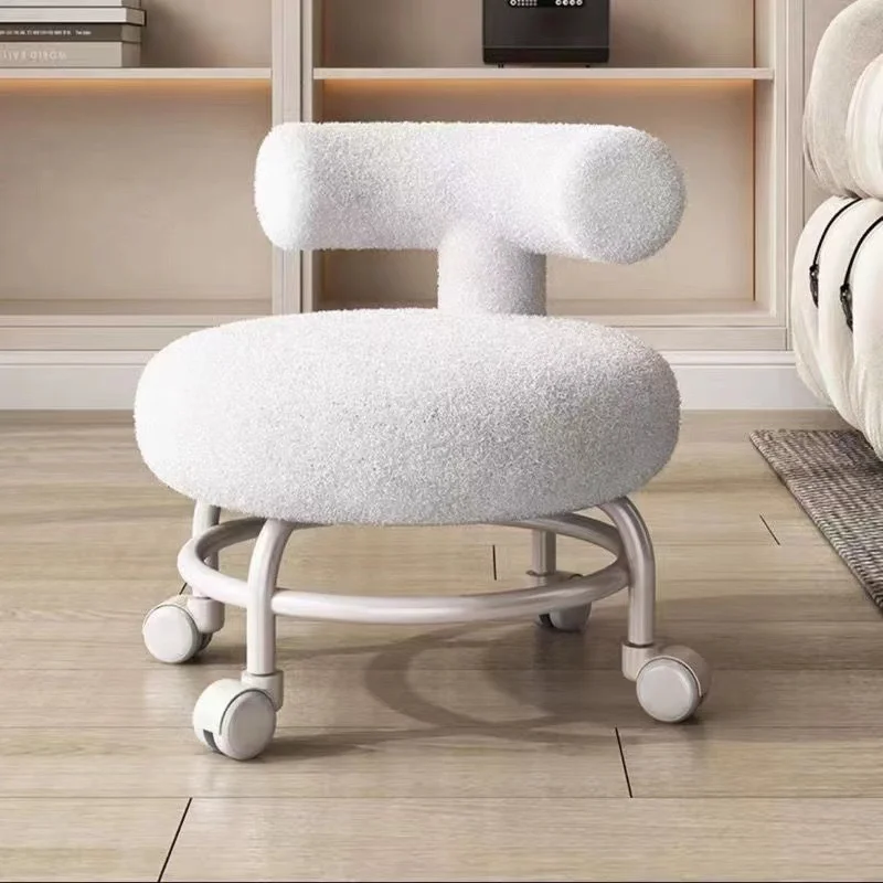 Lambskin Low Chair Household Round Stool Movable Shoe-changing Stool with Backrest and Wheels Small Pulley Low Stool Pratical