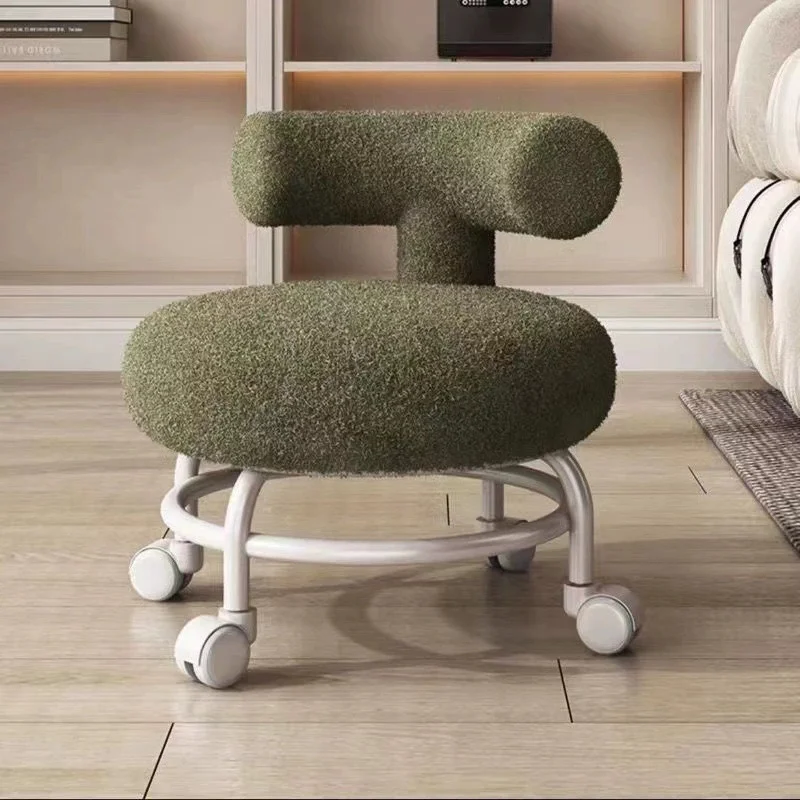 Lambskin Low Chair Household Round Stool Movable Shoe-changing Stool with Backrest and Wheels Small Pulley Low Stool Pratical