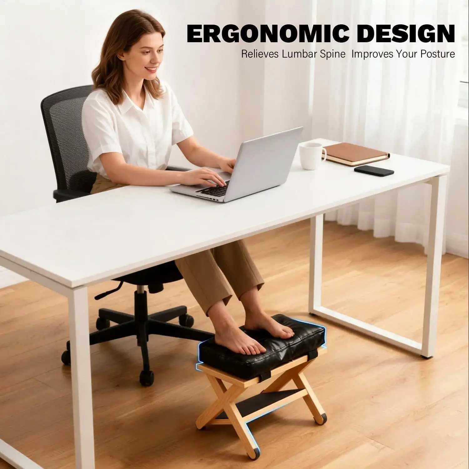 Wooden Desk Foot Stool Double-Layer Non-Slip Ergonomic Leg Rest Office Desk Footrest for Home Dorm Office Apartment Study