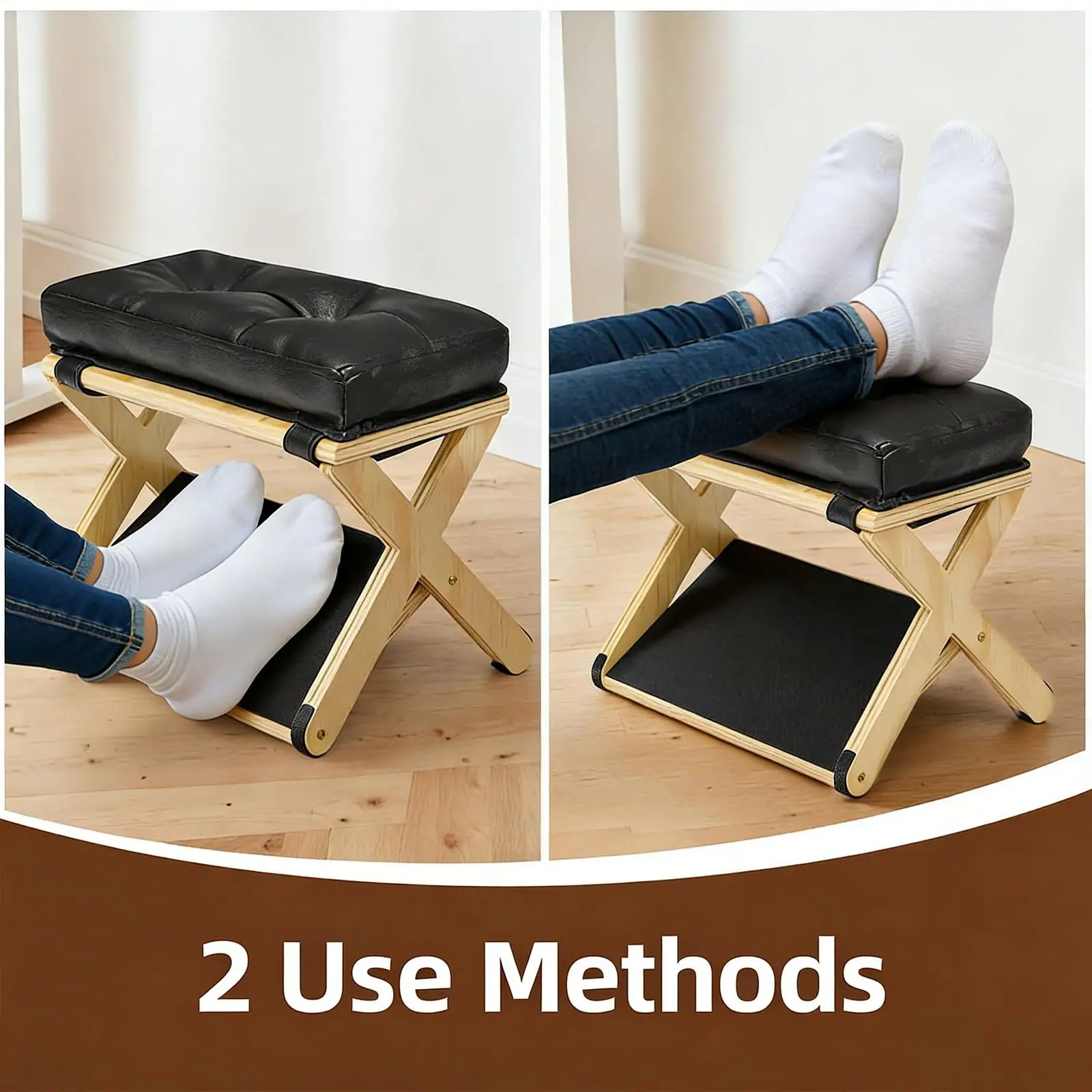 Wooden Desk Foot Stool Double-Layer Non-Slip Ergonomic Leg Rest Office Desk Footrest for Home Dorm Office Apartment Study