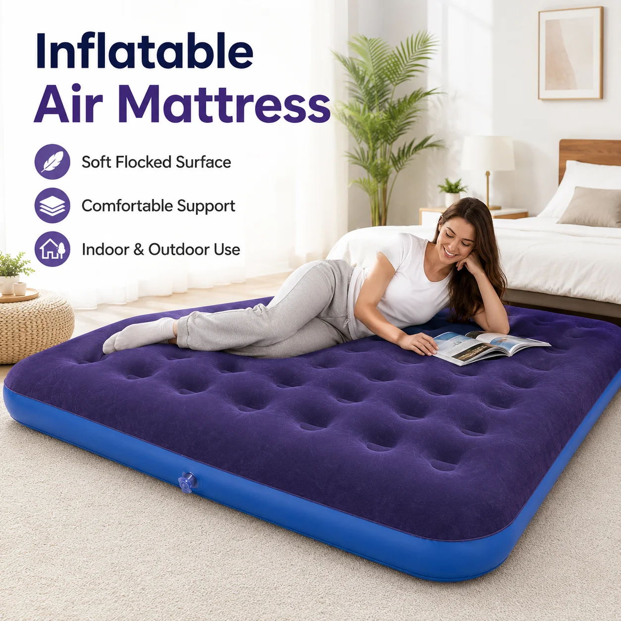 1PC Inflatable Air Mattress Bed with Built-in Pump, Flocked Surface Durable Portable Air Bed for Home Guest Camping Travel