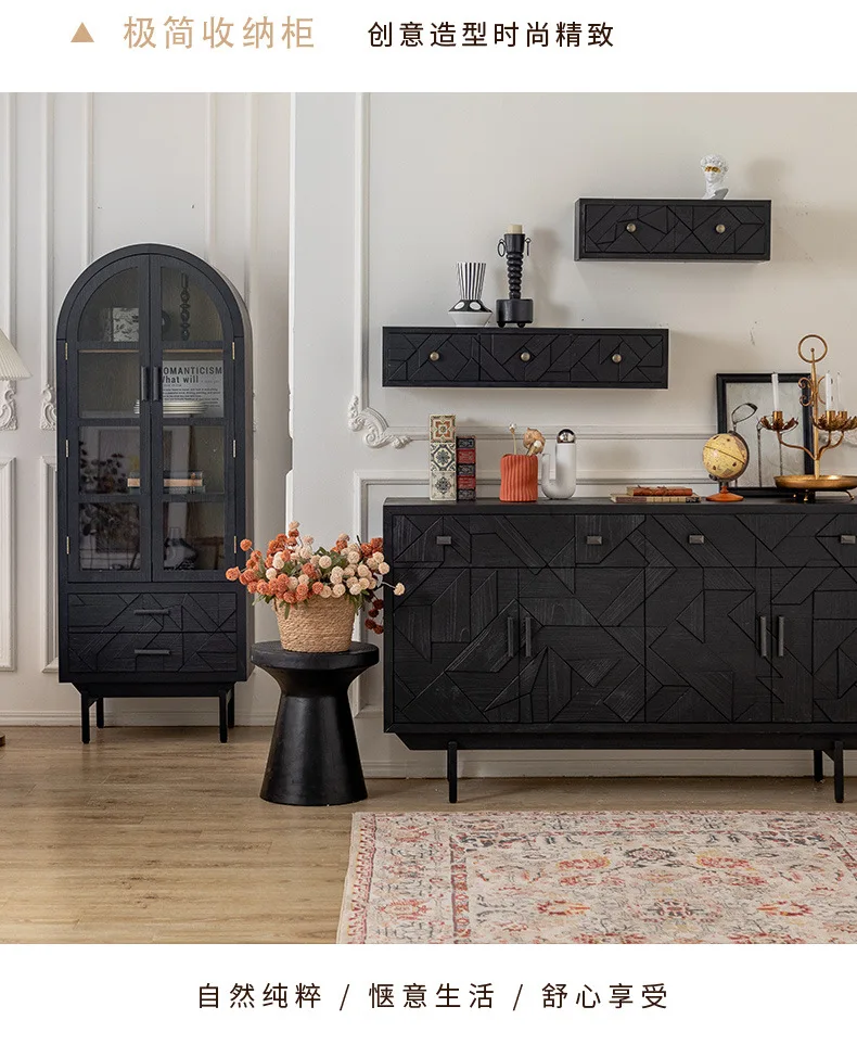 K Black new Italian side cabinet, tempered glass large storage high cabinet