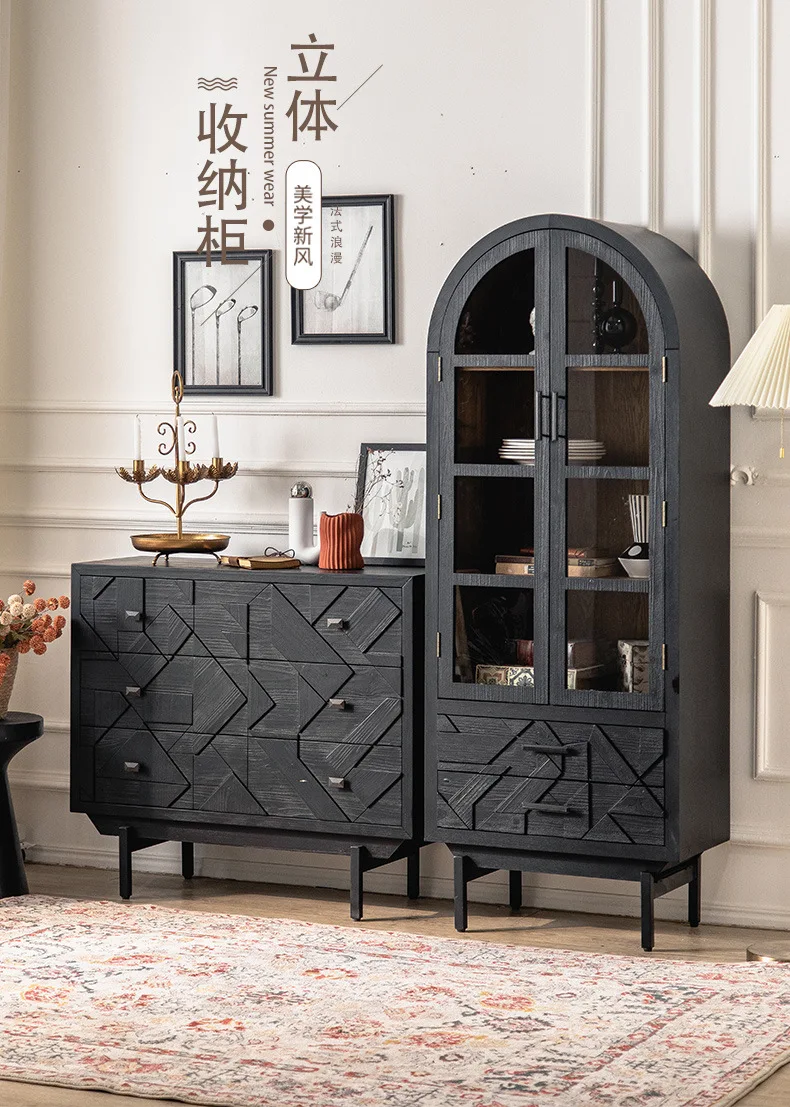 K Black new Italian side cabinet, tempered glass large storage high cabinet