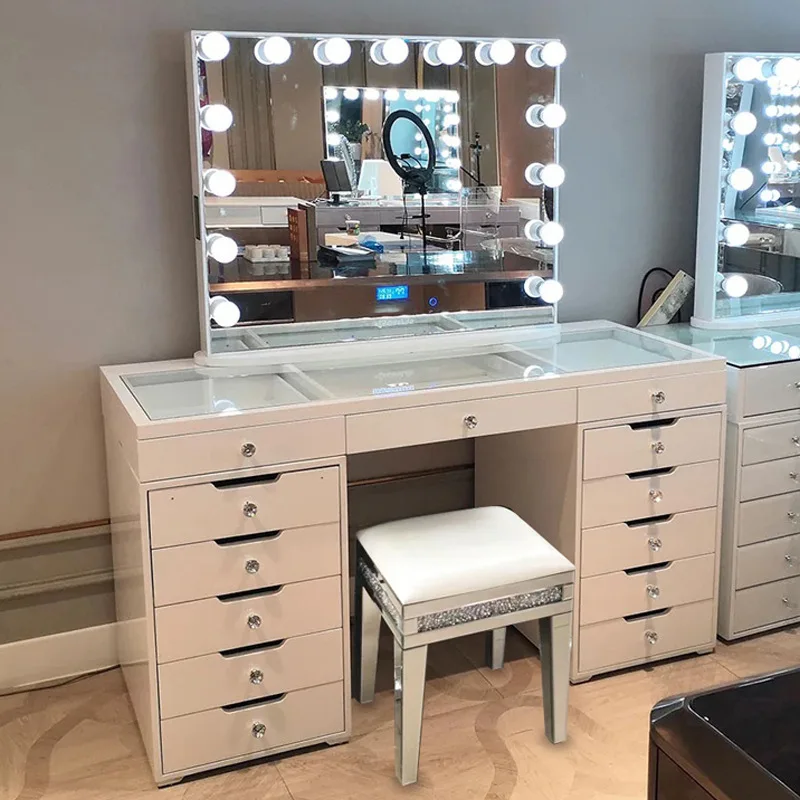 White Black Affordable Hollywood Style Glass Top Makeup Vanity Desk Dressing Table with Chair and LED Mirror