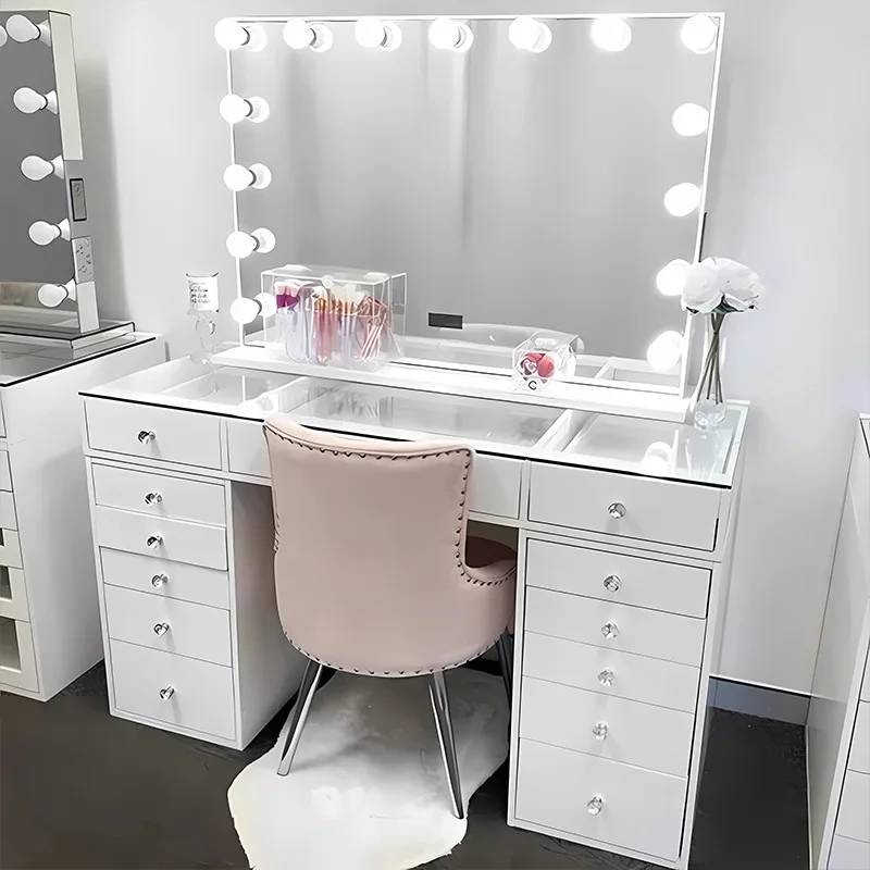 White Black Affordable Hollywood Style Glass Top Makeup Vanity Desk Dressing Table with Chair and LED Mirror