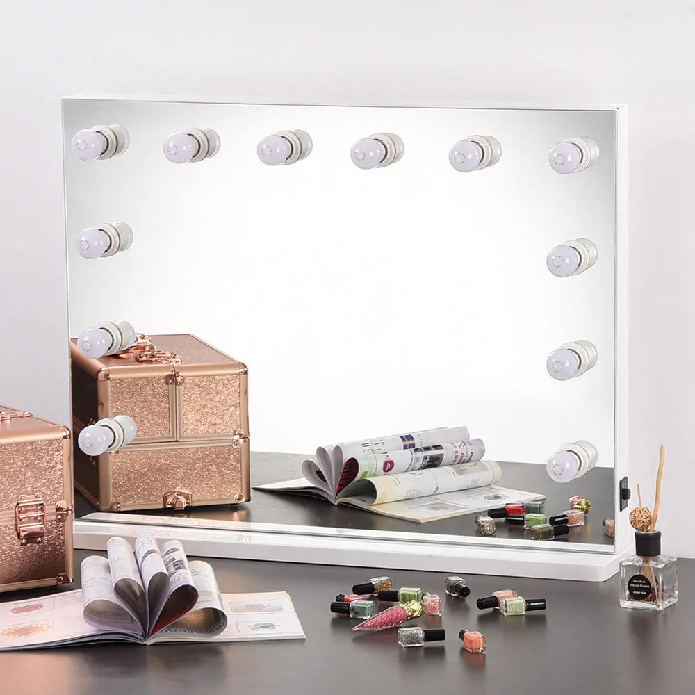 White Black Affordable Hollywood Style Glass Top Makeup Vanity Desk Dressing Table with Chair and LED Mirror