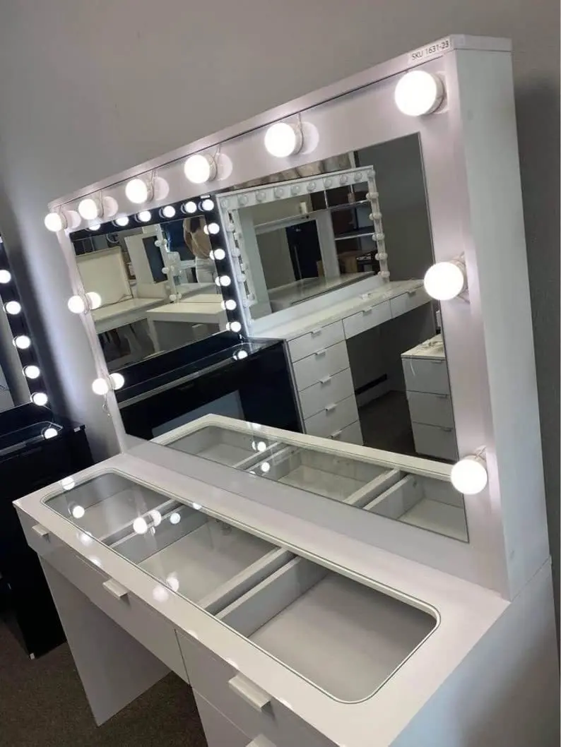 White Black Affordable Hollywood Style Glass Top Makeup Vanity Desk Dressing Table with Chair and LED Mirror