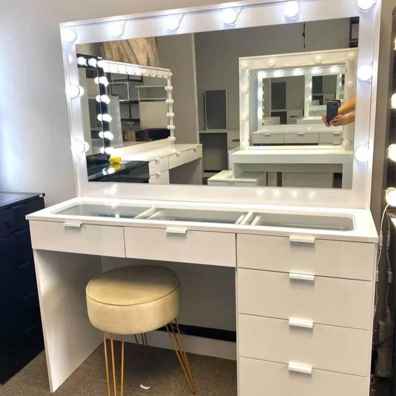 White Black Affordable Hollywood Style Glass Top Makeup Vanity Desk Dressing Table with Chair and LED Mirror