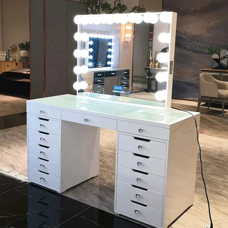 White Black Affordable Hollywood Style Glass Top Makeup Vanity Desk Dressing Table with Chair and LED Mirror