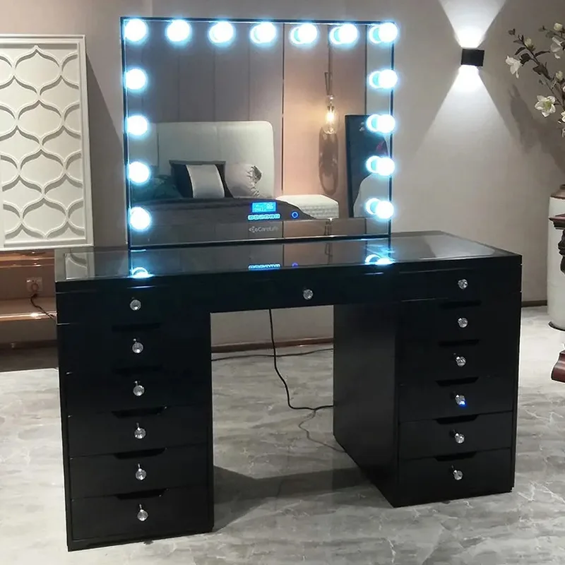 White Black Affordable Hollywood Style Glass Top Makeup Vanity Desk Dressing Table with Chair and LED Mirror