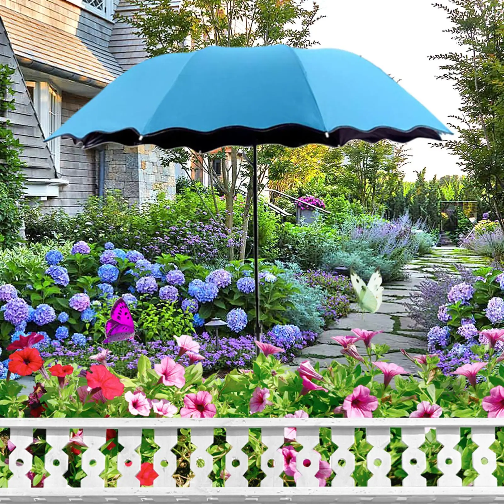 95cm Outdoor Plant Umbrella Foldable Garden Sun Shade Hydrangea Flower UV Protection Canopy Ground Insert for Patio Balcony