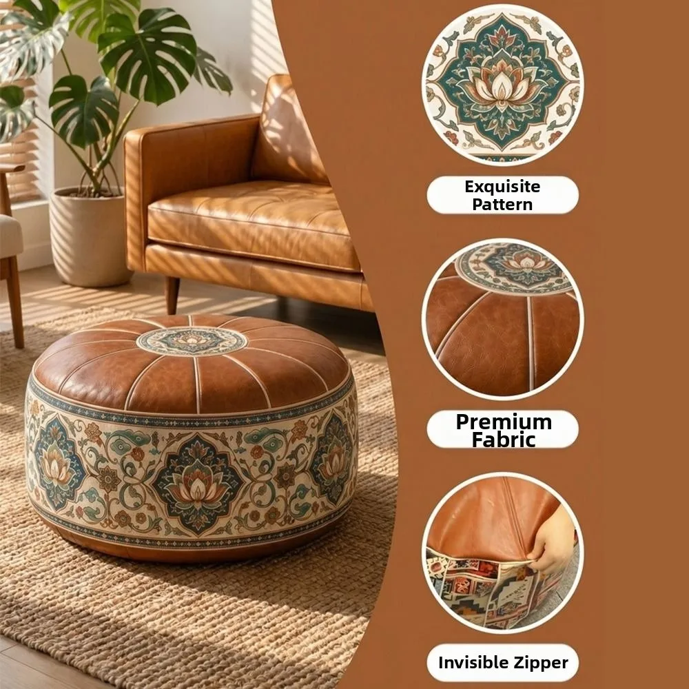 New PU Leather Ottoman Pouf Foldable Boho Pattern Storage Ottoman Fillable Round Shape Round Pouf Cover Multipurpose Storage