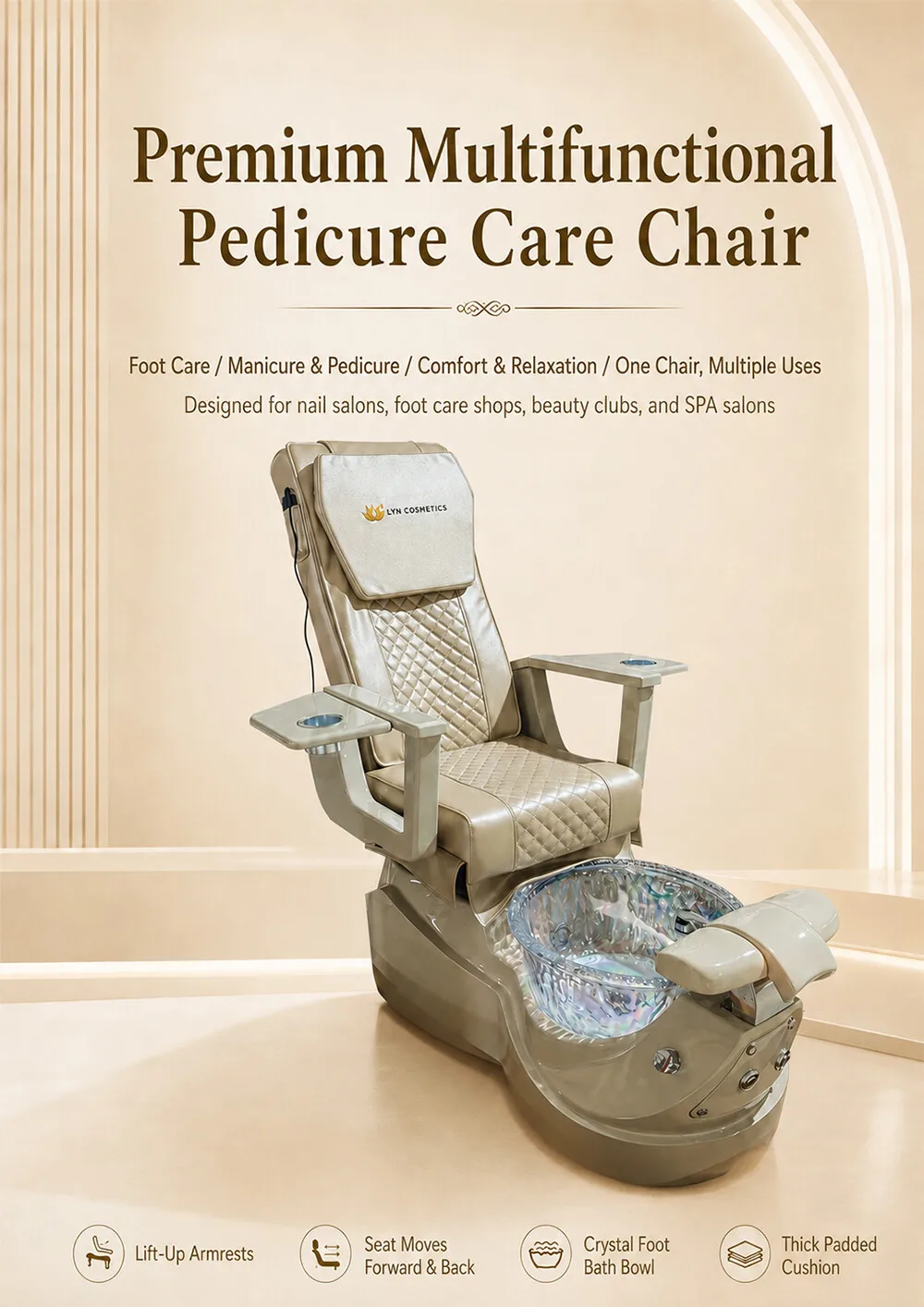 Luxury Pedicure Spa Chair Reclining Massage Glass Foot Basin Hydraulic Adjustable No Plumbing Brown Leather Nail Salon Furniture